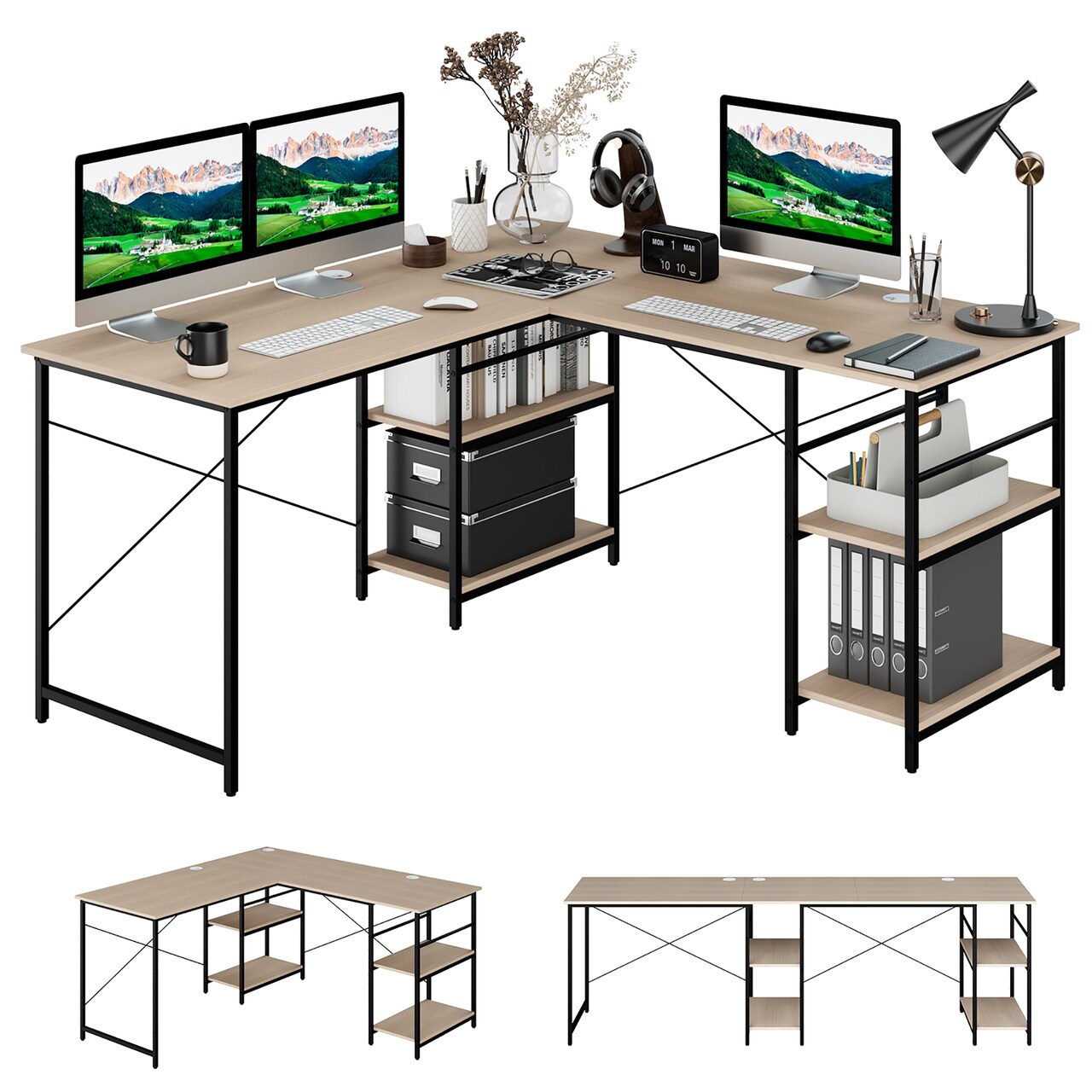 Costway 95'' Convertible L-shaped Corner Computer Desk 2-Person Long Desk Shelves Natural